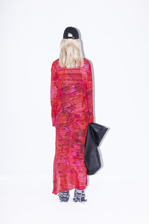 Jimmy D Frill Dress in Pink and Red Floral Silk