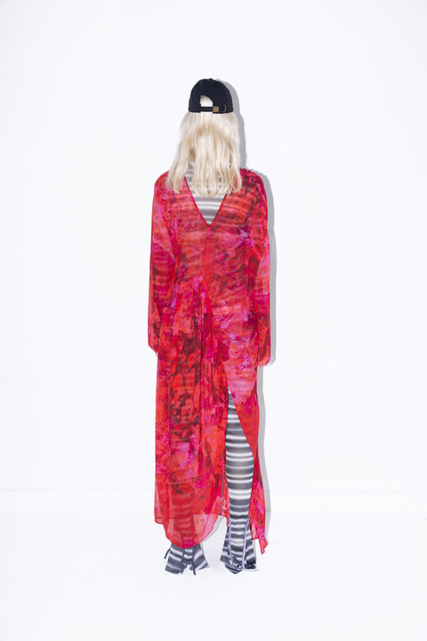 Jimmy D Frill Dress in Pink and Red Floral Silk