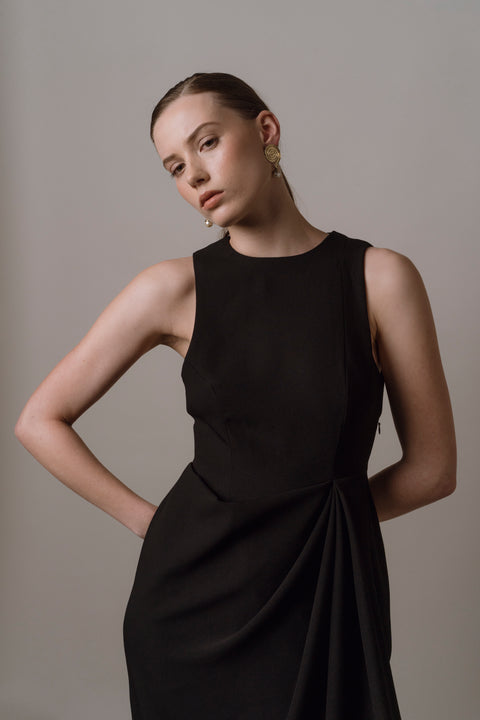 James Bush Tailored Drape Dress with High neck in Black
