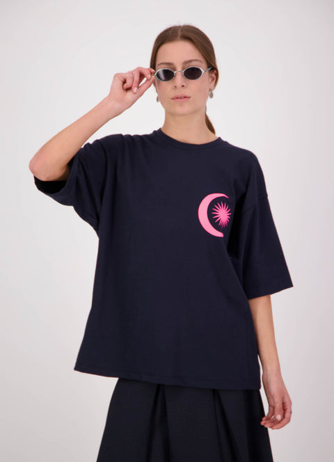 Daylight Moon Come with us navy blue and bright pink logo