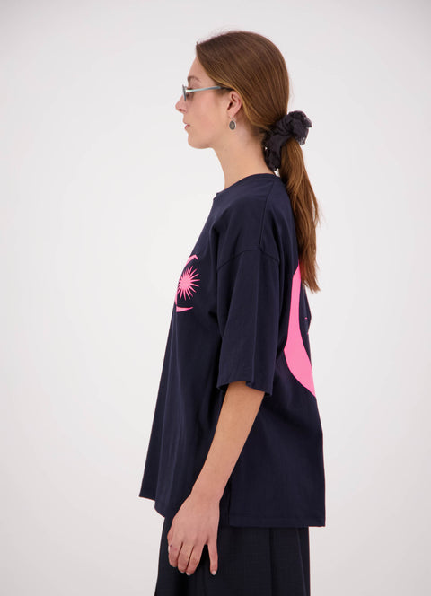 Daylight Moon Come with us navy blue and bright pink logo