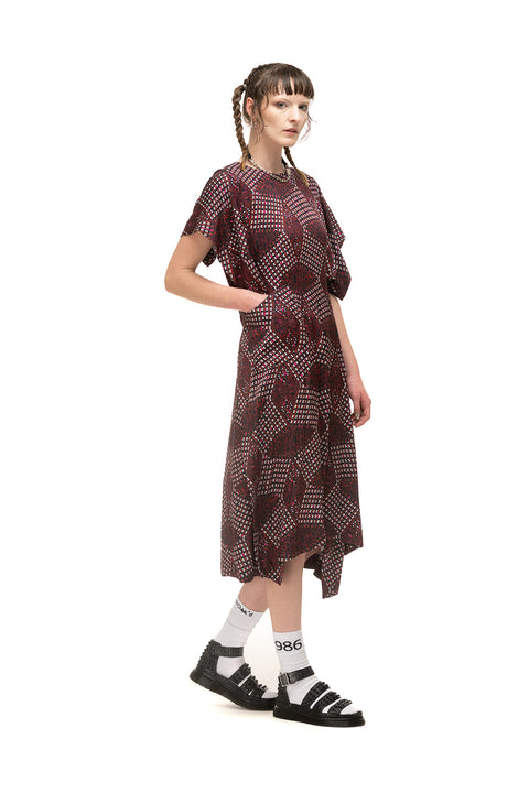 NomD Painter Smock dress in red black and white beady print. 