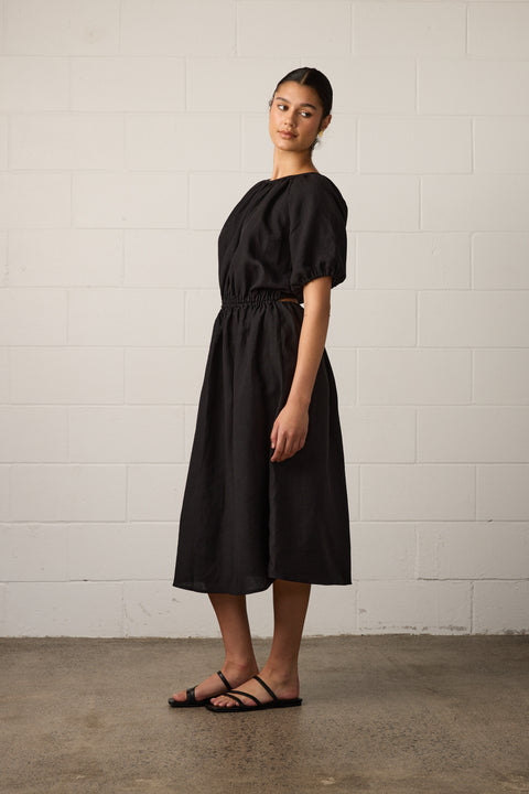 Towa Harlow Dress Open Back with high neck and puff sleeves in black linen