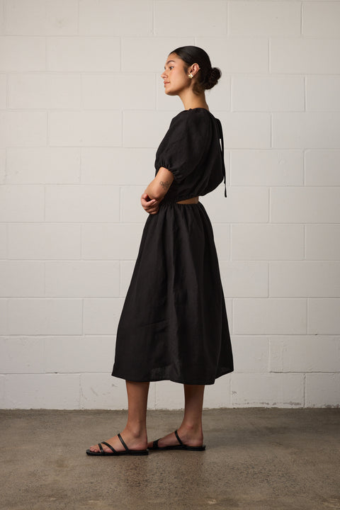 Towa Harlow Dress Open Back with high neck and puff sleeves in black linen