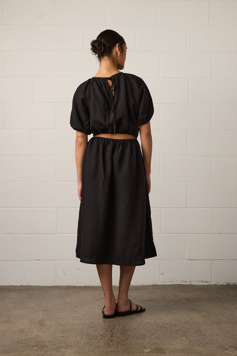 Towa Harlow Dress Open Back with high neck and puff sleeves in black linen