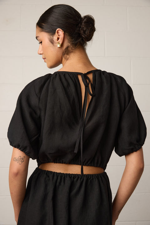 Towa Harlow Dress Open Back with high neck and puff sleeves in black linen