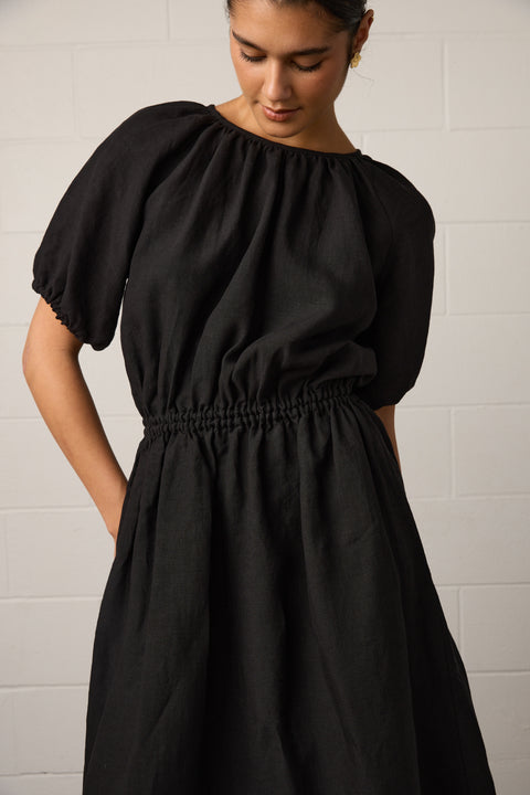 Towa Harlow Dress Open Back with high neck and puff sleeves in black linen