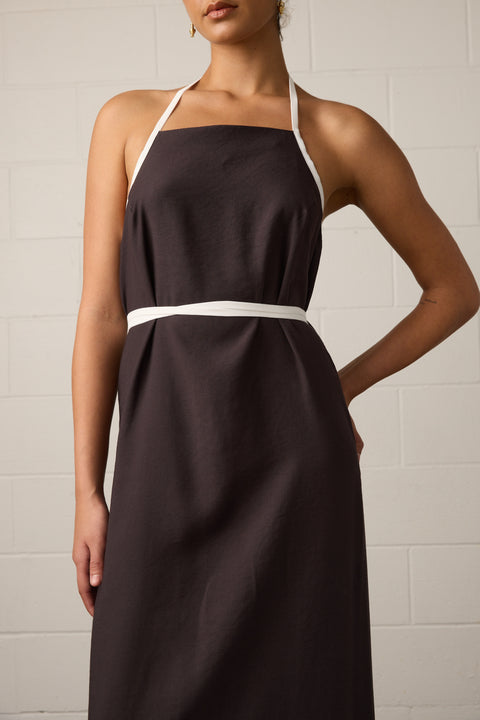 Towa Briar Dress Mocha Dark Brown with white trim halter neck dress