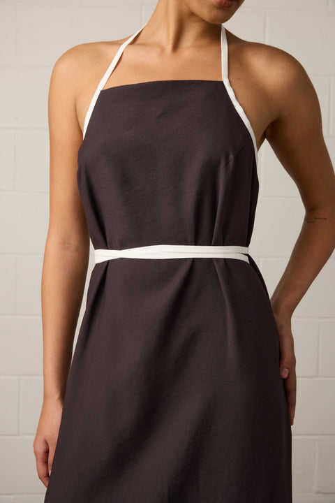 Towa Briar Dress Mocha Dark Brown with white trim halter neck dress