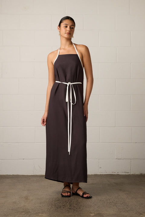 Towa Briar Dress Mocha Dark Brown with white trim halter neck dress