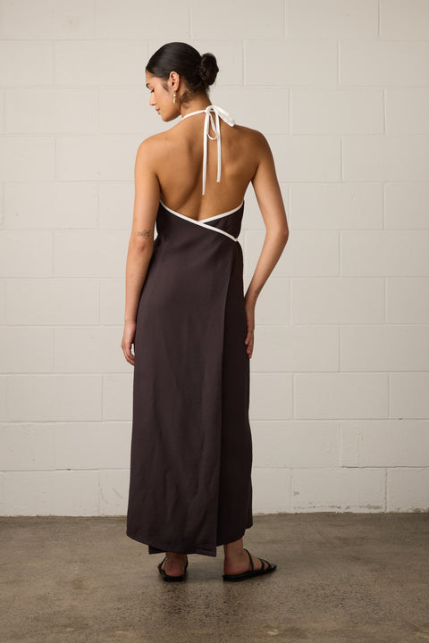 Towa Briar Dress Mocha Dark Brown with white trim halter neck dress