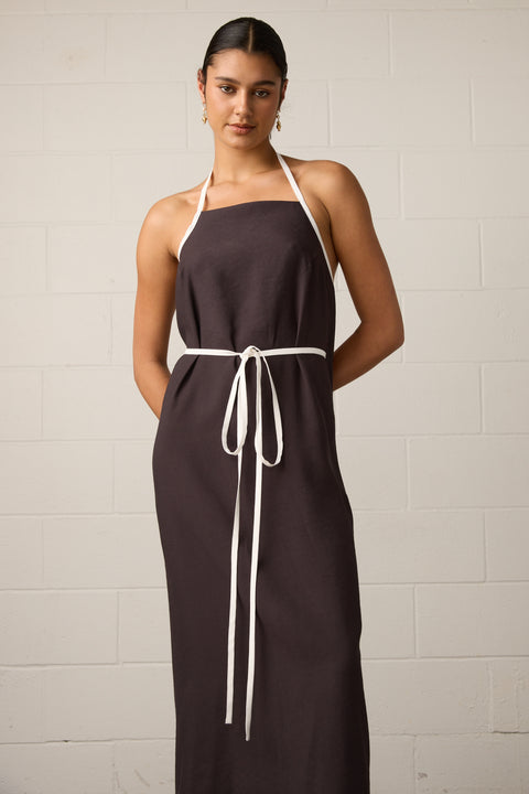 Towa Briar Dress Mocha Dark Brown with white trim halter neck dress