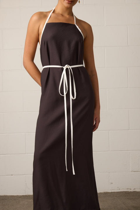 Towa Briar Dress Mocha Dark Brown with white trim halter neck dress