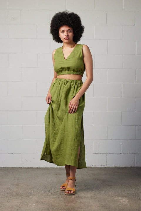 Towa Green Linen Crop Top and Maxi Skirt