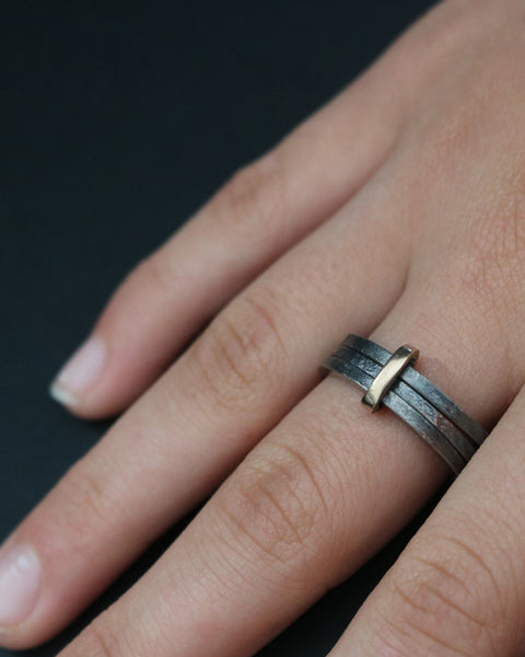 Innate Triple Binder Ring Oxidised Silver and Gold 