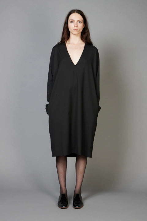 Zambesi Deep V tunic dress in black wool suiting 
