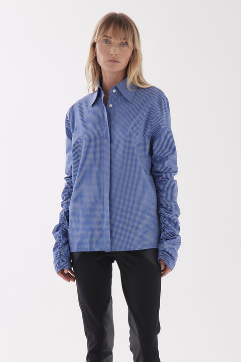 Zambesi Rouched Womens Shirt In Blue Checkpoint Cotton