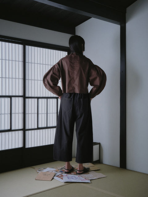 Otsu Wide Leg Black Jeans with white stitch