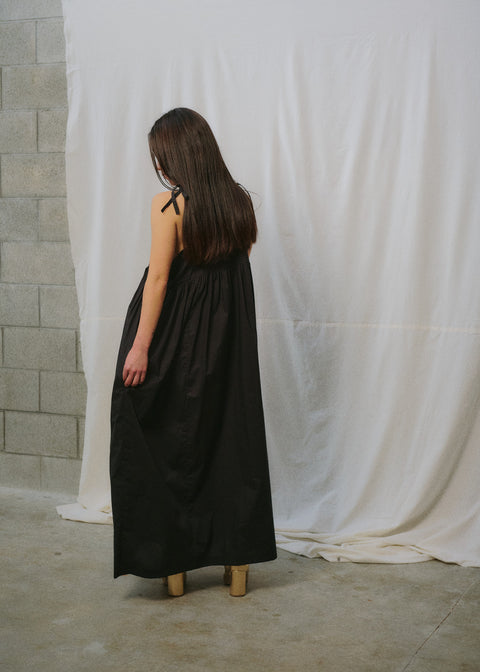 Black Cotton Japanese Maxi Dress With Adjustable Straps