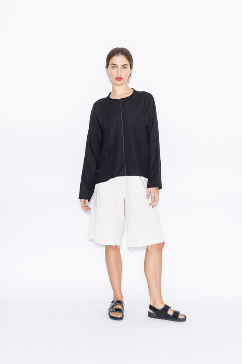 Black Linen Boxy Fit long sleeve top with white stripe