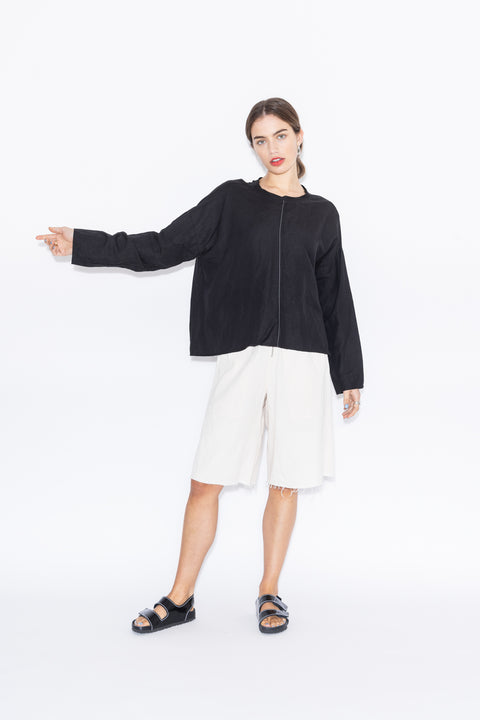 Black Linen Boxy Fit long sleeve top with white stripe
